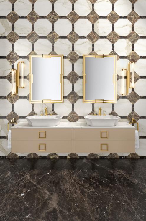 Daphne vanity unit, Lino finish, Calacatta Oro marble, gold details