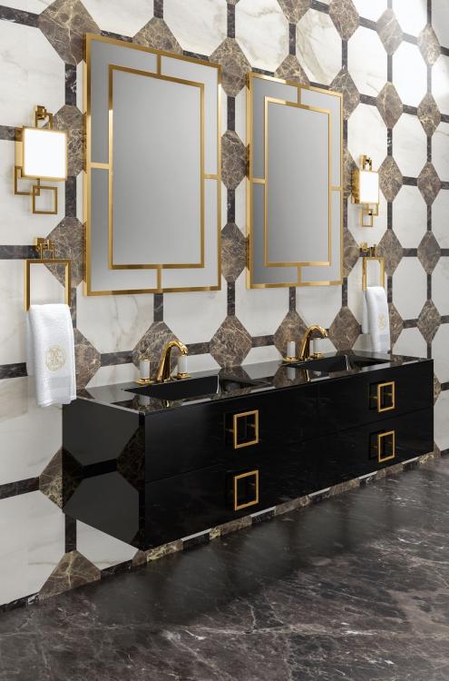 Daphne vanity unit, Black finish, integrated glass top, gold details