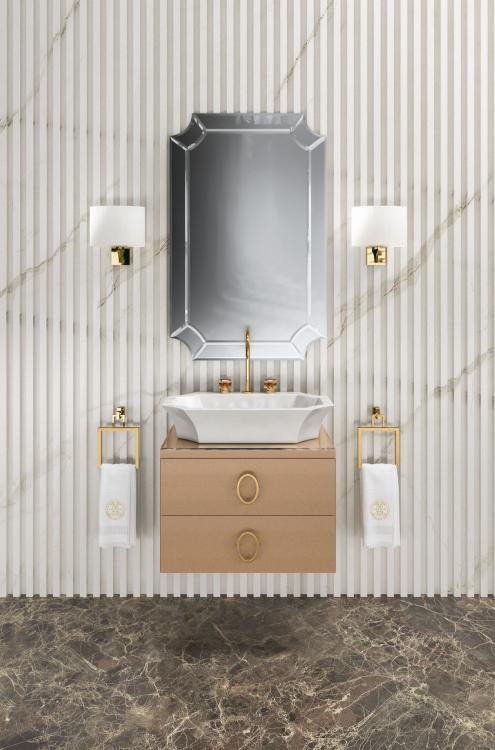 Daphne vanity unit, Bronze finish, Bronze glass top, Narciso mirror, Nelly wall lamp