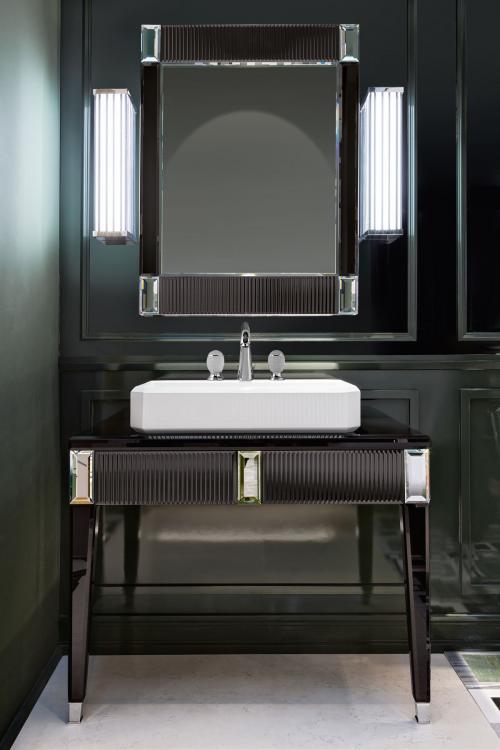 Rialto vanity unit, ribbed Black glass, countertop washbasin, Venice faucet, Murano wall lamp