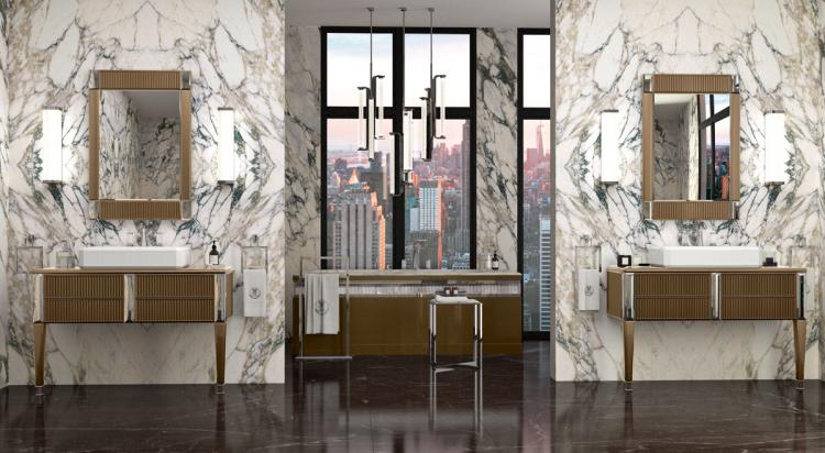 Rialto vanity unit and bathtub, ribbed Gianduia glass, mirror