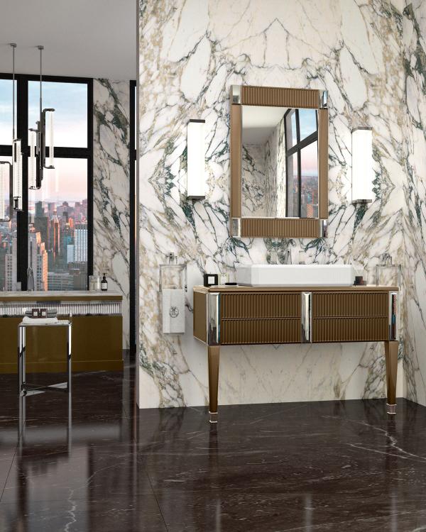 Rialto vanity unit and bathtub, ribbed Gianduia glass, mirror