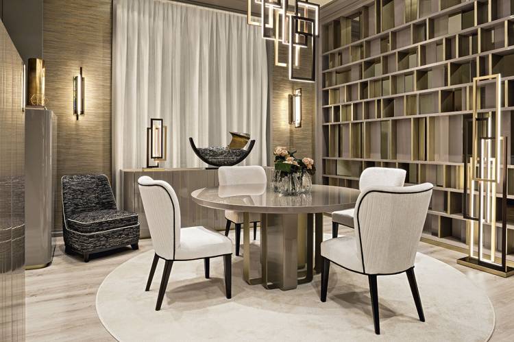 Blissful geometries dining room with Saint-Germain table and Francis chairs.