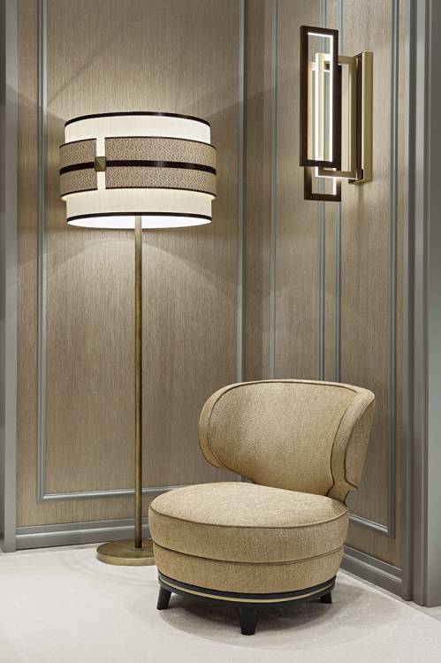 Nights in champagne satin with Tamburo lighting collection.