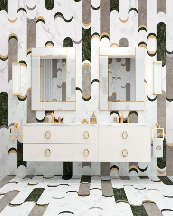 Daphne vanity unit, Bianco finish, Bianco Statuario marble, gold details