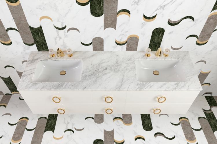 Daphne vanity unit, Bianco finish, Bianco Statuario marble, gold details