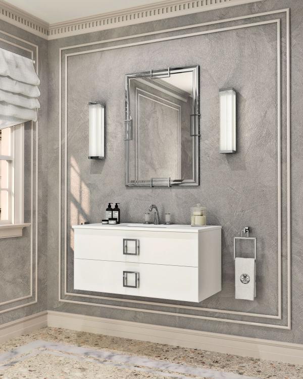 Daphne vanity unit, Bianco finish, Bianco Statuario marble, chrome details