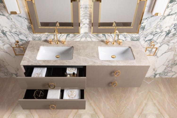 Daphne vanity unit, Vulcano finish, Emperador Light marble, gold details