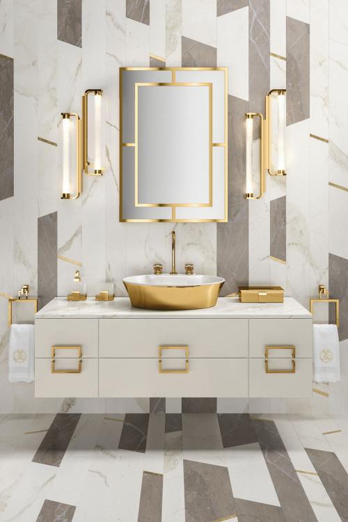 Daphne vanity unit, Bianco finish, Calacatta Oro marble, gold details
