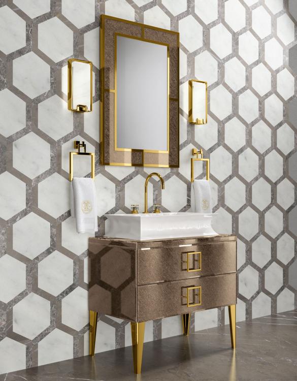 Daphne vanity unit, Saffiano glass, gold details