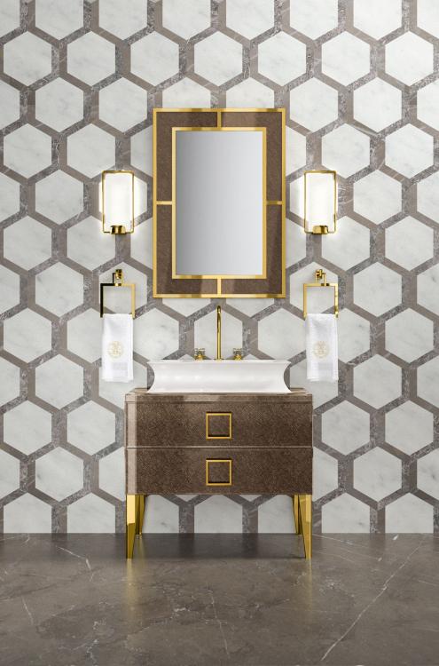 Daphne vanity unit, Saffiano glass, gold details