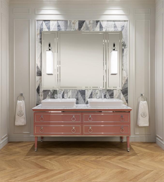 Lutetia vanity unit, Marsala finish, Bianco Statuario marble