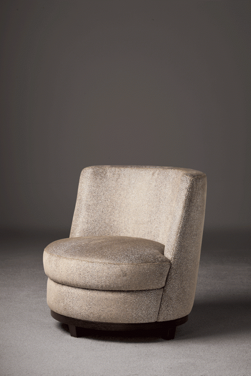 Ava armchair with Moka Oak base and covered in custom fabric