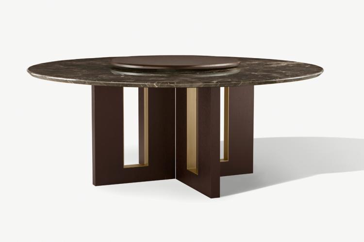 Tao table - Round version - in Moka Oak finish with marble top and bronze metal details
