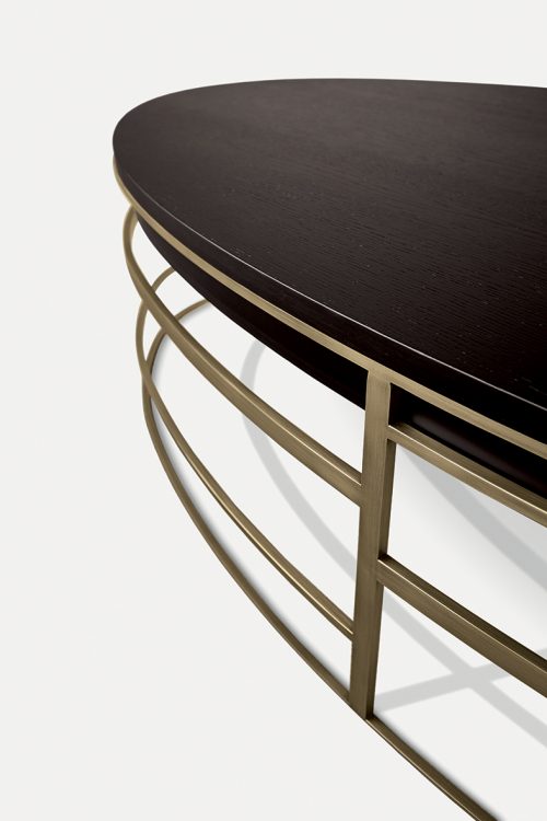 Medea oval table in Moka Oak finish and bronze metal structure