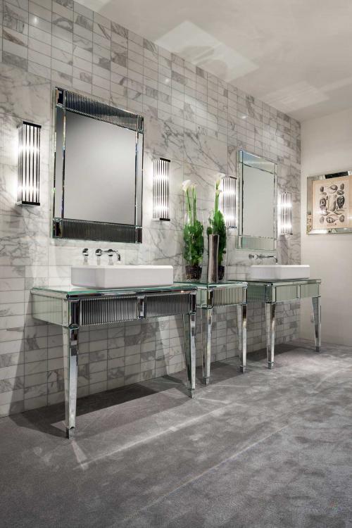 Rialto vanity unit and console, ribbed mirror, countertop washbasin, Venice faucet, Murano 1 wall lamp