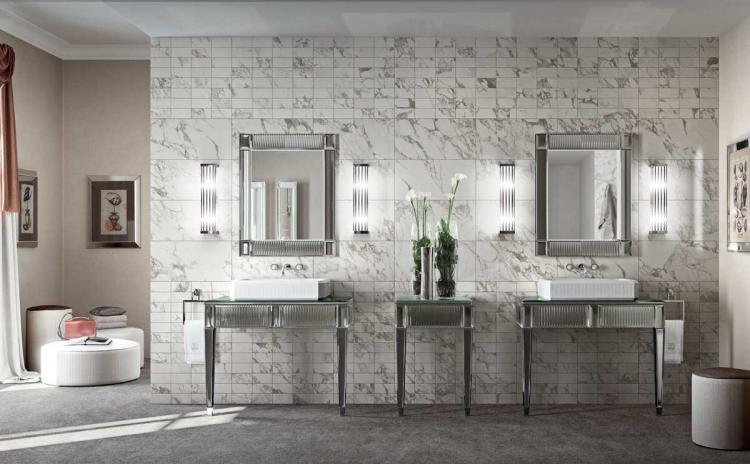 Rialto vanity unit and console, ribbed mirror, countertop washbasin, Venice faucet, Murano 1 wall lamp