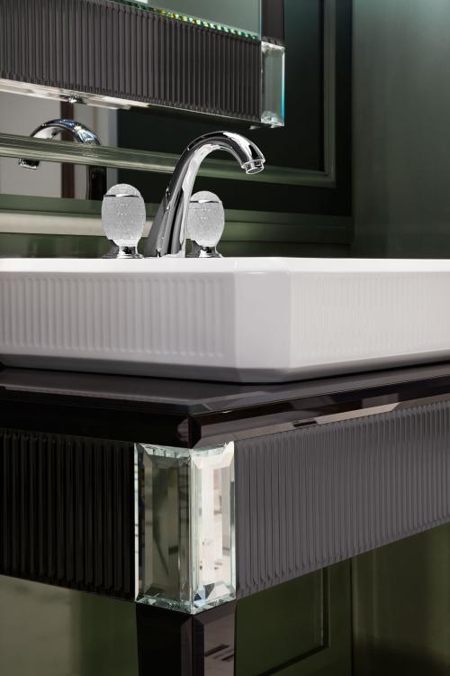 Rialto vanity unit, ribbed Black glass, countertop washbasin, Venice faucet