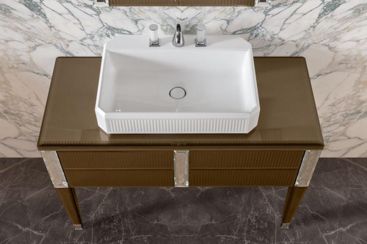Rialto vanity unit, ribbed Gianduia glass, mirror, countertop washbasin, Fortuny faucet