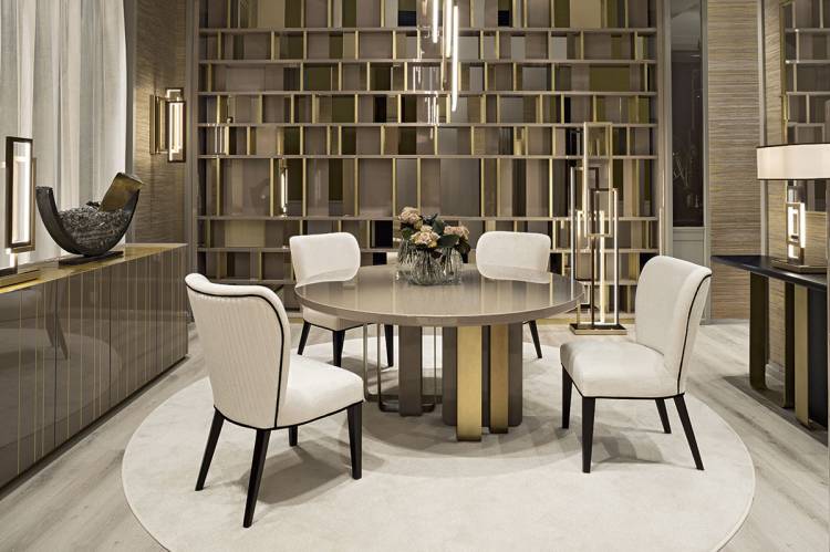 Blissful geometries dining room with Saint-Germain table and Francis chairs.