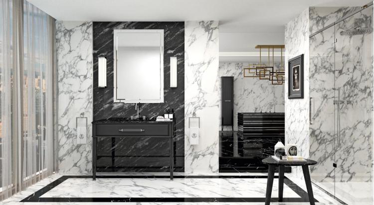 Riviere vanity unit, Black finish, Nero Assoluto marble top, chrome details