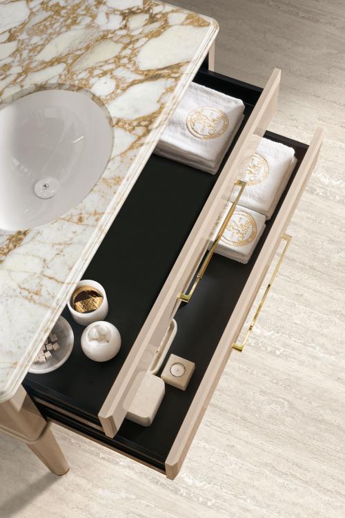 Riviere vanity unit, Lino finish, Calacatta Oro marble top, gold details