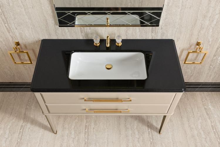 Riviere vanity unit, Lino finish, Nero Assoluto marble top, gold details