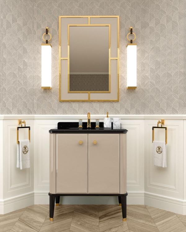 Riviere vanity unit, Lino finish, Nero Assoluto marble top, Casablanca mirror, gold details