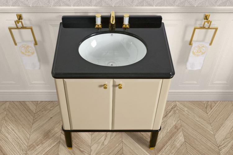 Riviere vanity unit, Lino finish, Nero Assoluto marble top, gold details