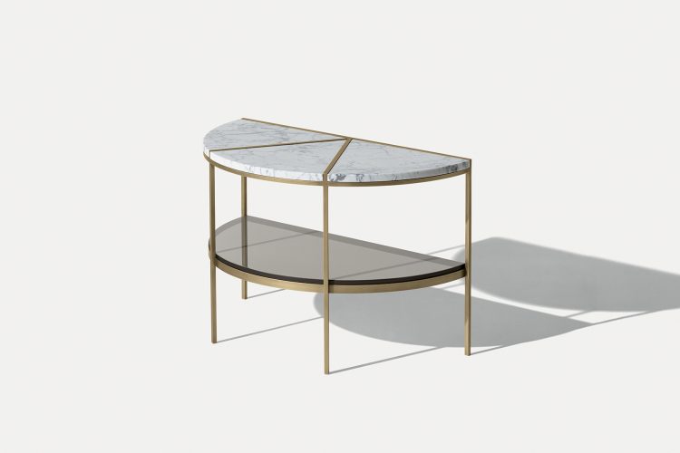 Morgan half-moon side table with marble top and bronze metal structure