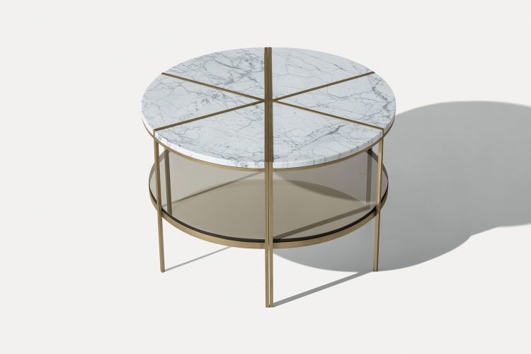 Morgan half-moon sides table with marble top and bronze metal structure
