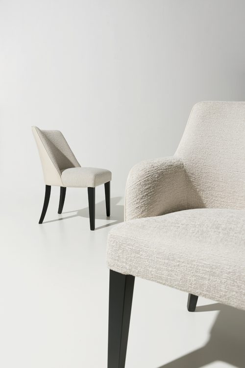 Musa chair with Moka Oak legs and covered in fabric and leather