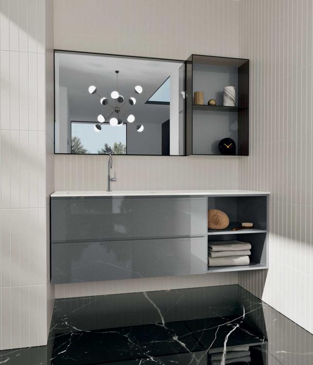Forever vanity unit, Light Grey finish, integrated resin top, Mirò mirror