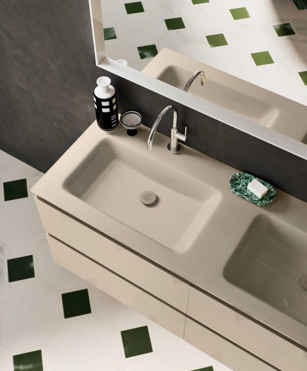 Forever vanity unit, Lino finish, integrated glass top, Mirò mirror, Dresscode faucet
