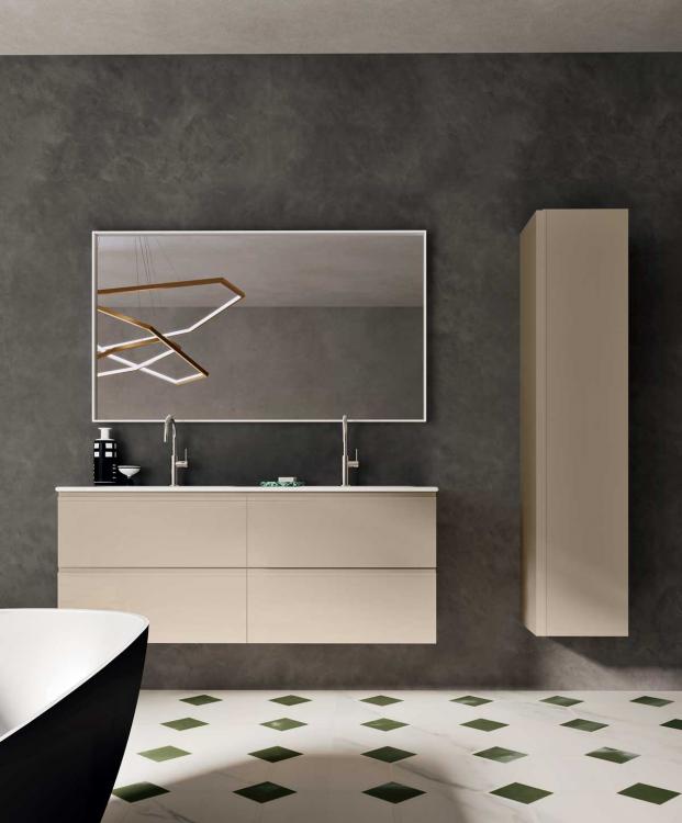 Forever vanity unit and tall unit, Lino finish, integrated resin top, Mirò mirror