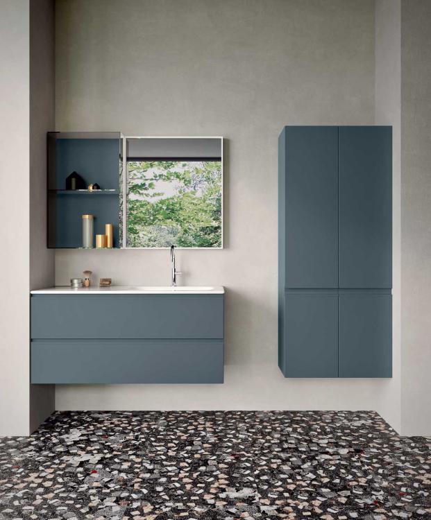 Forever vanity unit and tall unit, Smoke finish, integrated resin top, Mirò mirror