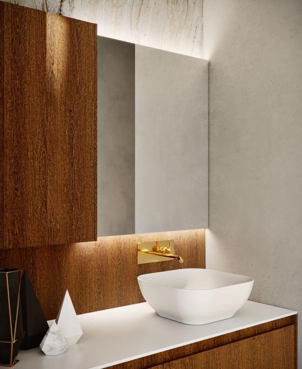 Eden vanity unit and wall unit, Sucupira, countertop washbasin, Dalì Up & down mirror
