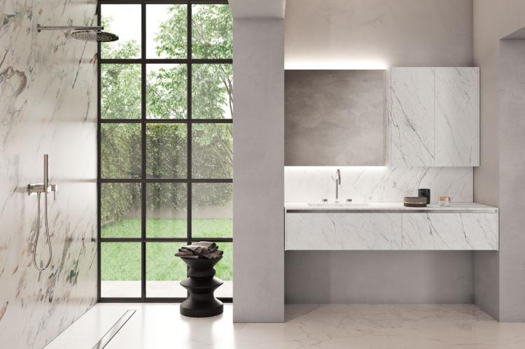 Eden vanity unit and wall unit, Statuarietto, integrated porcelain stone washbasin