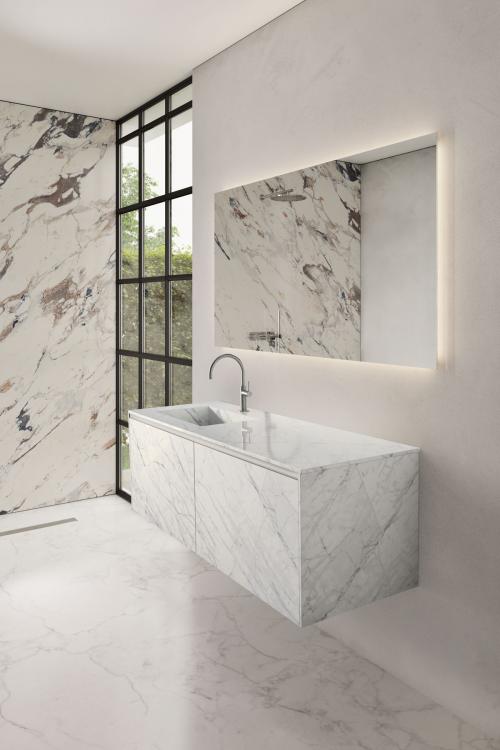 Eden vanity unit, Statuarietto, integrated porcelain stone washbasin, Dalì Up&Down mirror
