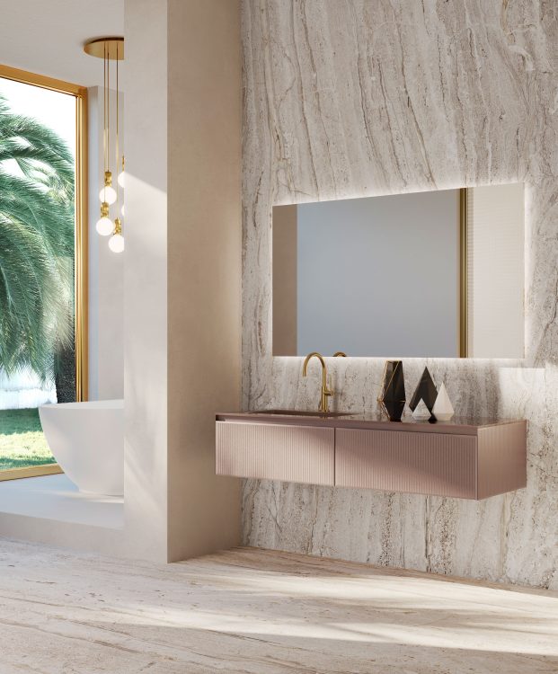 Eden vanity unit, Ribbed Bronze glass finish, integrated glass top, Dalì Full mirror