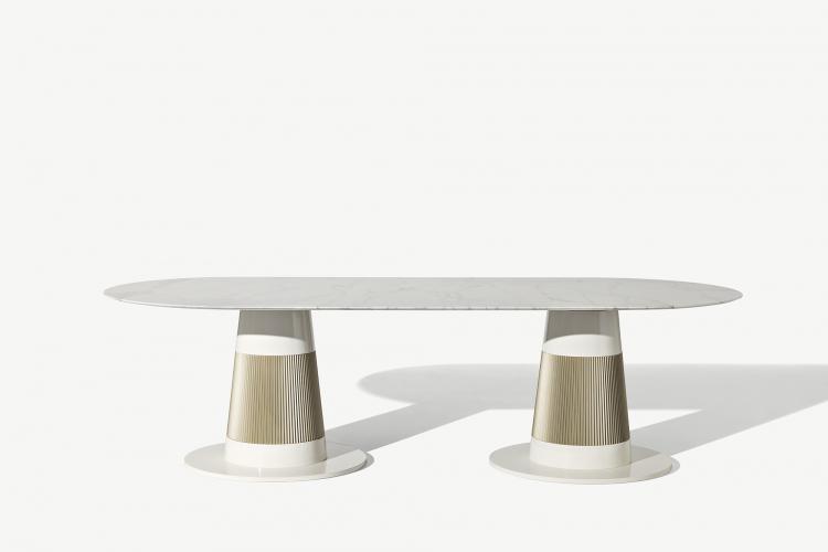 Turner Table - Oval Version - Avorio finish, Ribbed decoration in bronze finish, marble to
