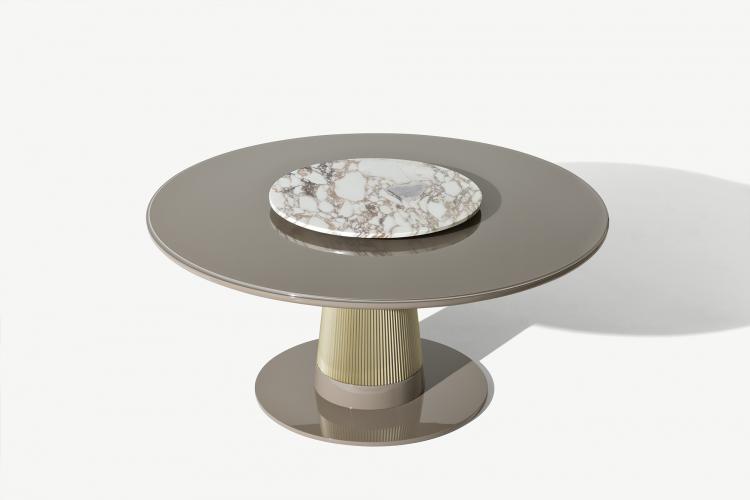 Turner Table - Round Version - Vulcano finish, Ribbed decoration in bronze finish, marble lazy susan