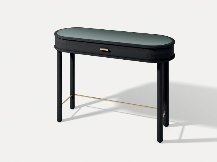 Marlene console with top in Petrolio back-lacquered glass