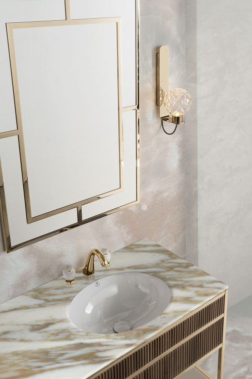 Academy Ribbed walnut vanity unit, Casablanca mirror, Ducal wall lamp
