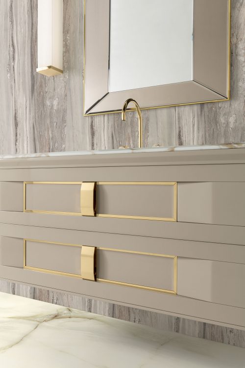 Prestige vanity unit, Lino finish and gold metal, Prisma mirror, Murano 3 wall lamp