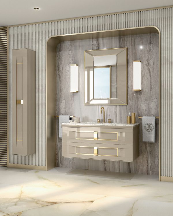 Prestige vanity unit, Lino finish and gold metal, Prisma mirror, Murano 3 wall lamp