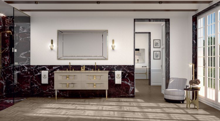 Prestige vanity unit, Vulcano finish and gold metal, Prisma mirror, Ducale Sphere wall lamp
