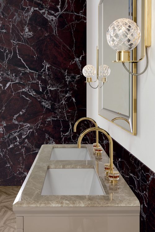 Prestige vanity unit, Vulcano finish and gold metal, Prisma mirror, Emperador Light marble top