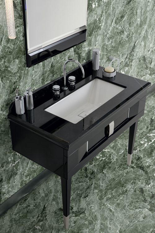 Prestige vanity unit, Black finish and chrome metal, Academy mirror, Ducale Down wall lamp, Nero Marquinia marble top, under countertop washbasin