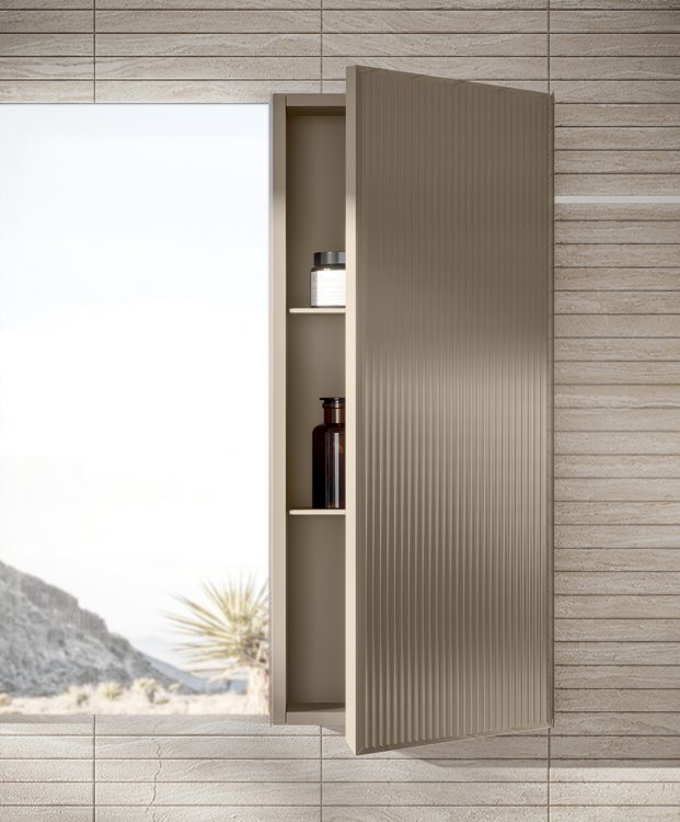 Eden vanity unit, Ribbed Lino glass finish, integrated glass top, Dalì mirror, wall unit